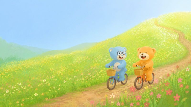 Storybook illustration: The bears riding bicycles along a sunny hillside path.