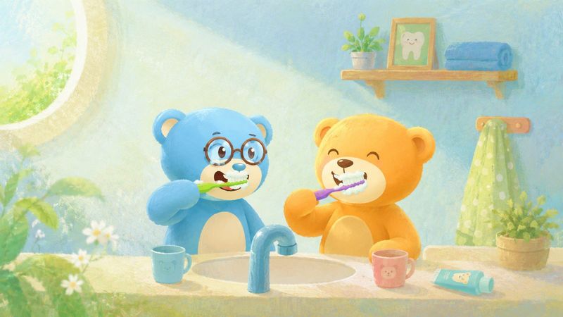 Storybook illustration: The bears brushing their teeth together at the bathroom sink.