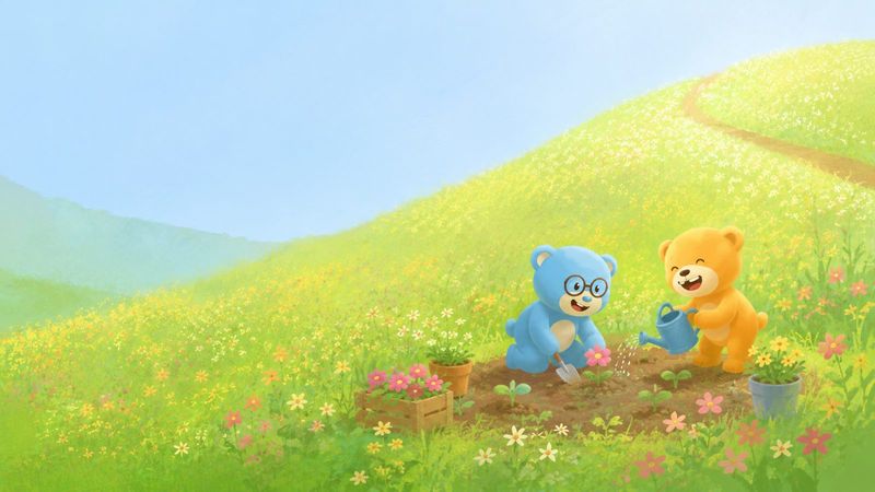 Storybook illustration: The bears planting and watering a little garden.
