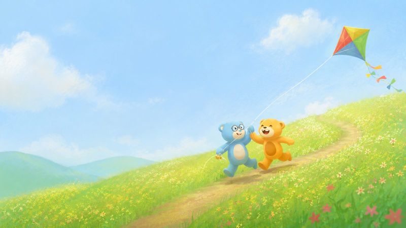 Storybook illustration: The bears flying a kite on a grassy hill.