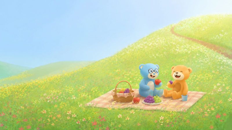 Storybook illustration: The bears sharing a picnic in a flower meadow.