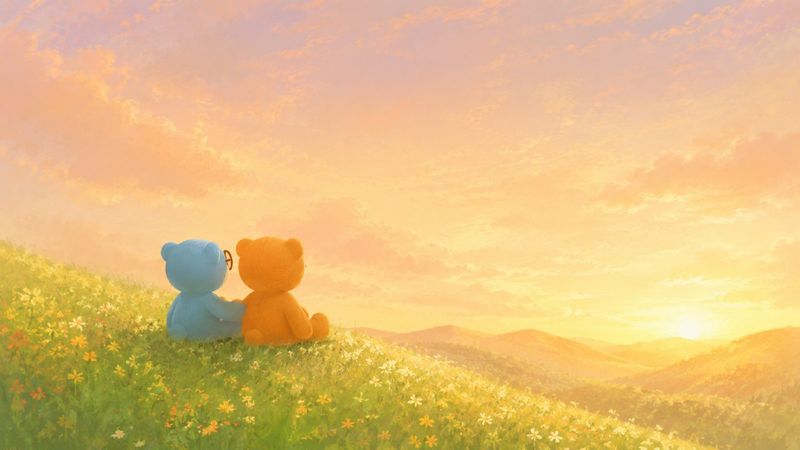 Storybook illustration: The bears sitting on a hill watching the sunset.