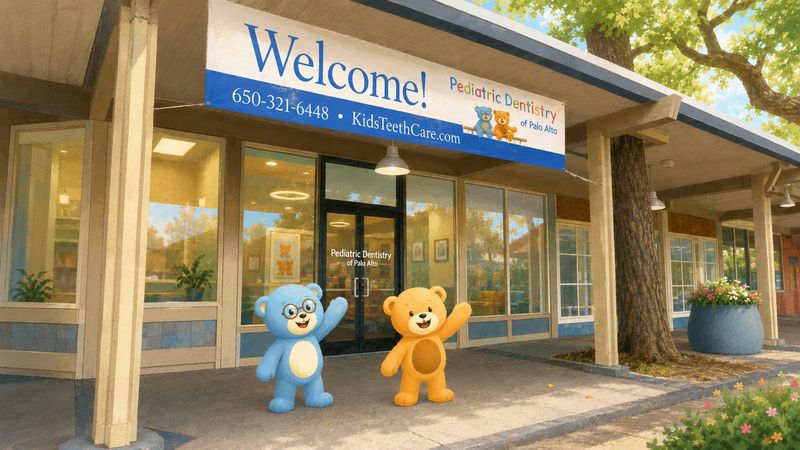 Storybook illustration of the bears waving outside our front entrance at 325 Sharon Park Drive, Menlo Park.