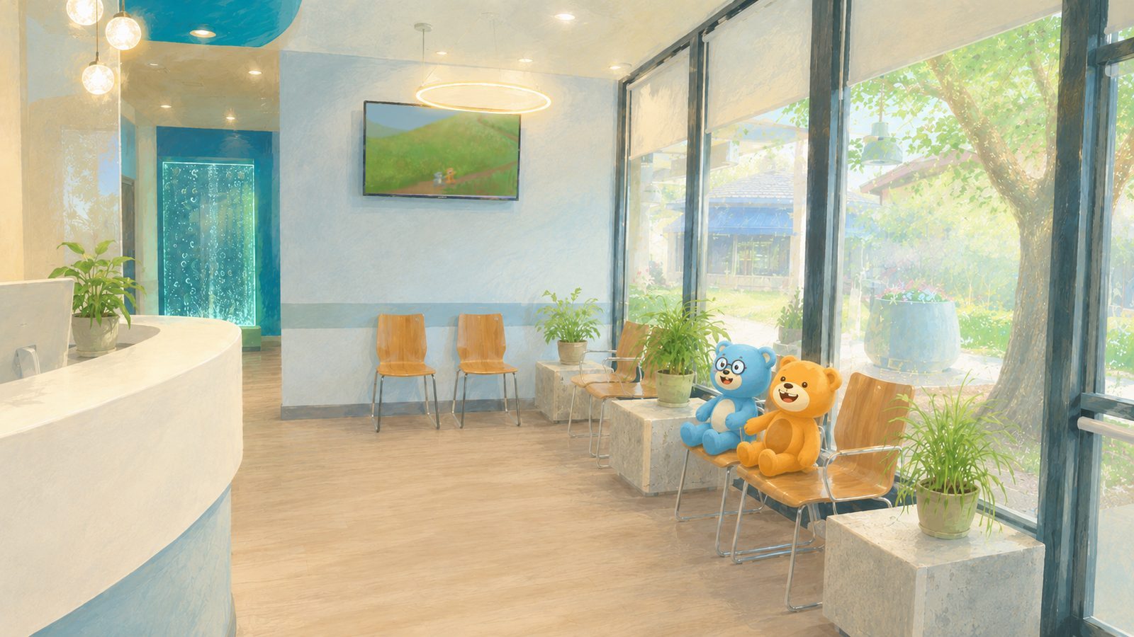 Illustration of the waiting room with a meadow scene on the TV and big windows